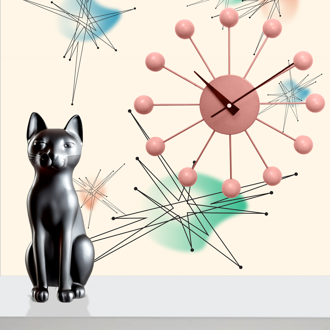 The artwork features a repeating geometric pattern of symmetrical shapes resembling elongated, curved diamonds or petals in various shades of blue and green. Each shape is split vertically with one half filled with a light blue and the other half filled with green or darker blue. The background is a light, almost pastel blue, which provides a soft yet vibrant backdrop. One of the blue shapes near the upper left contains a white starburst element, adding a focal point of brightness to the composition. The overall design conveys a modern, mid-century aesthetic with clean lines and harmonious color contrasts.